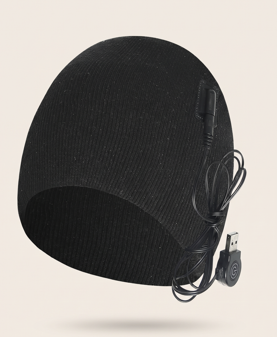 Women's Heated Beanie, USB Powered, 3 Heat Levels, Knit Winter Hat, One Size, for Skiing, Hiking & Commuting, Black