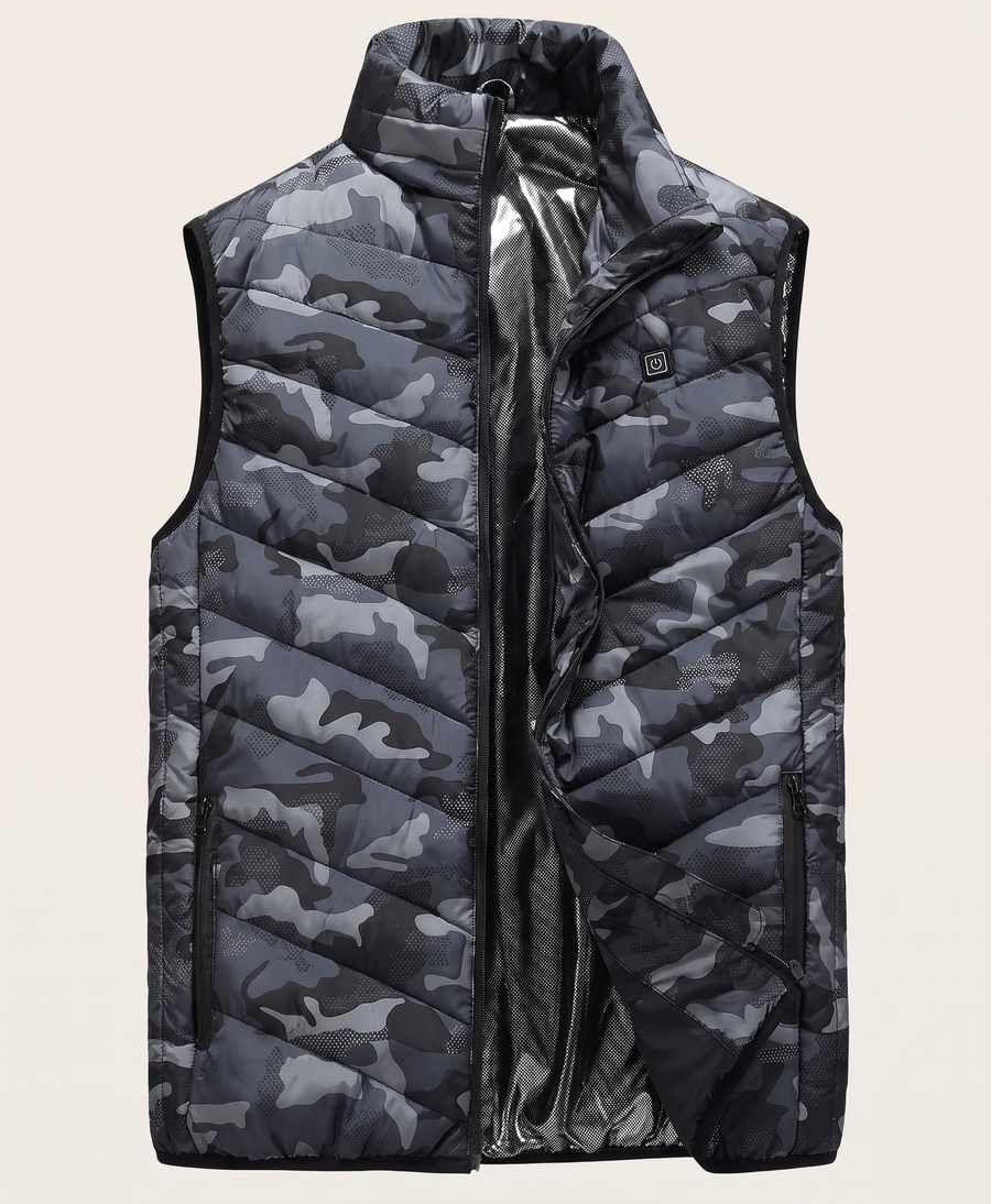 Men's Heated Vest, USB Powered, Camo, Collar, Front & Back Heating, Quilted Stand Collar, for Hunting, Hiking & Outdoor Work
