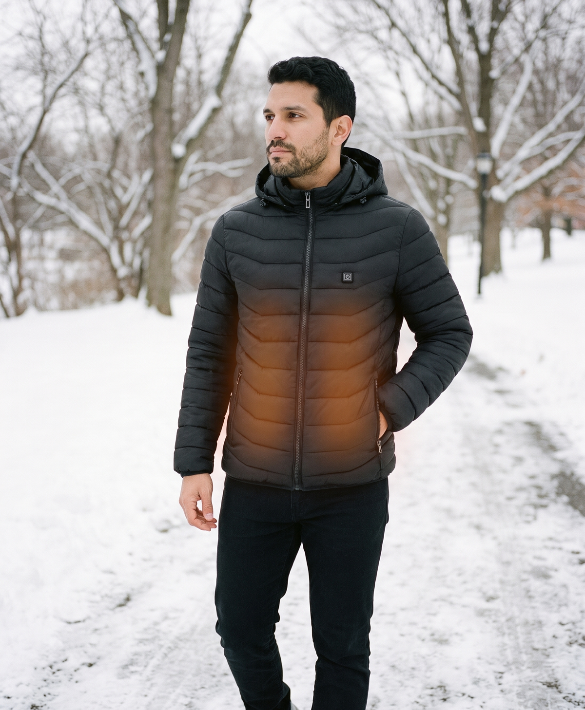 Men's Heated Puffer Jacket, 9 Heating Zones, Hooded, USB Powered, Lightweight Windproof, for Skiing & Winter Commutes, Black