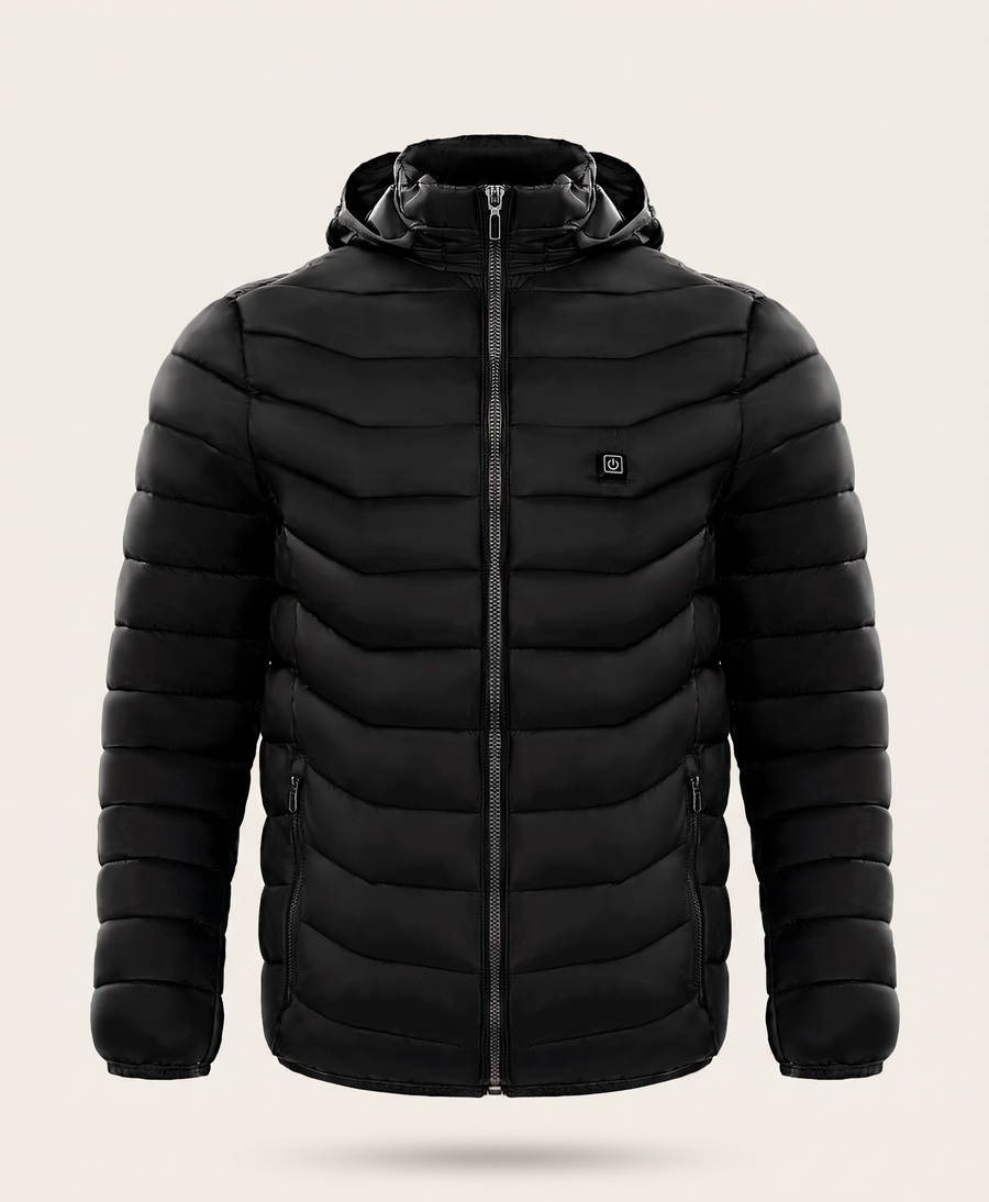 Men's Heated Puffer Jacket, 9 Heating Zones, Hooded, USB Powered, Lightweight Windproof, for Skiing & Winter Commutes, Black