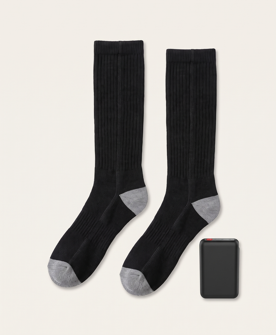 Men's Heated Socks, Battery Included, Hidden Heating Element, Knee-High, Rechargeable, for Skiing & Outdoor Work, Black