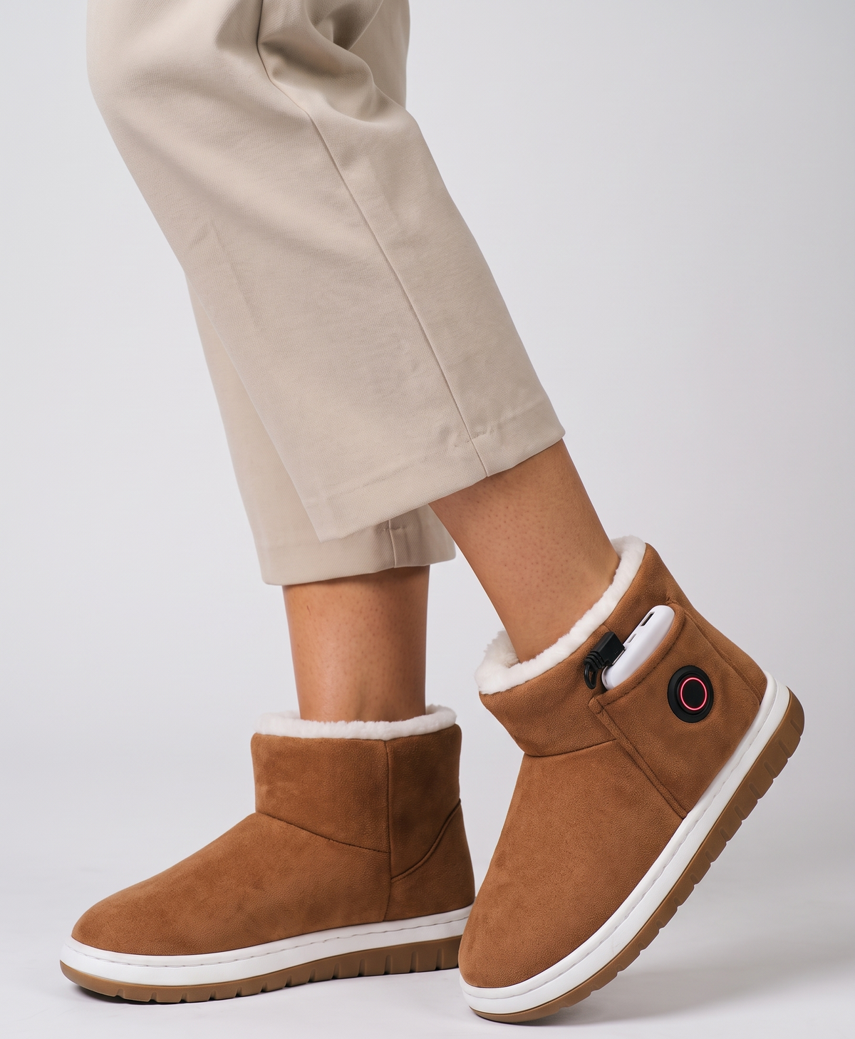 Women's Heated Booties, Rechargeable, Power Bank Included, Plush-Lined Pull-On House Boots for Home & Winter, Brown