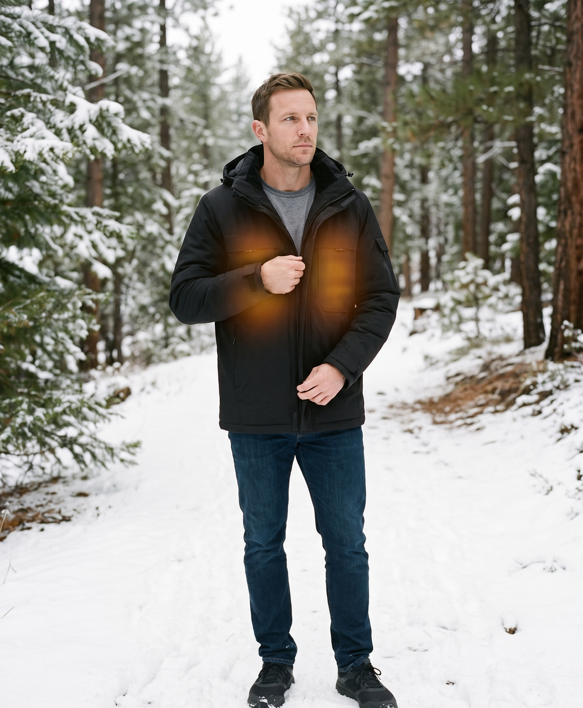 Men's Heated Jacket, Waterproof, 9 Heating Zones, Detachable Hood, 3 Heat Settings, for Hiking, Skiing & Hunting, Black