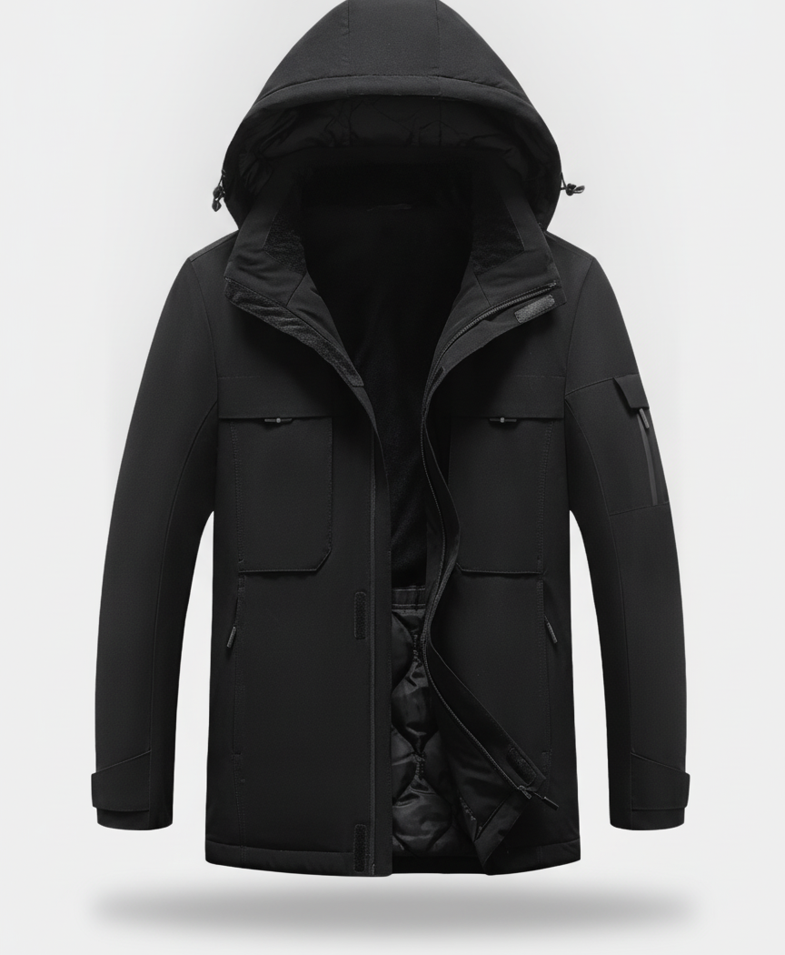 Men's Heated Jacket, Waterproof, 9 Heating Zones, Detachable Hood, 3 Heat Settings, for Hiking, Skiing & Hunting, Black