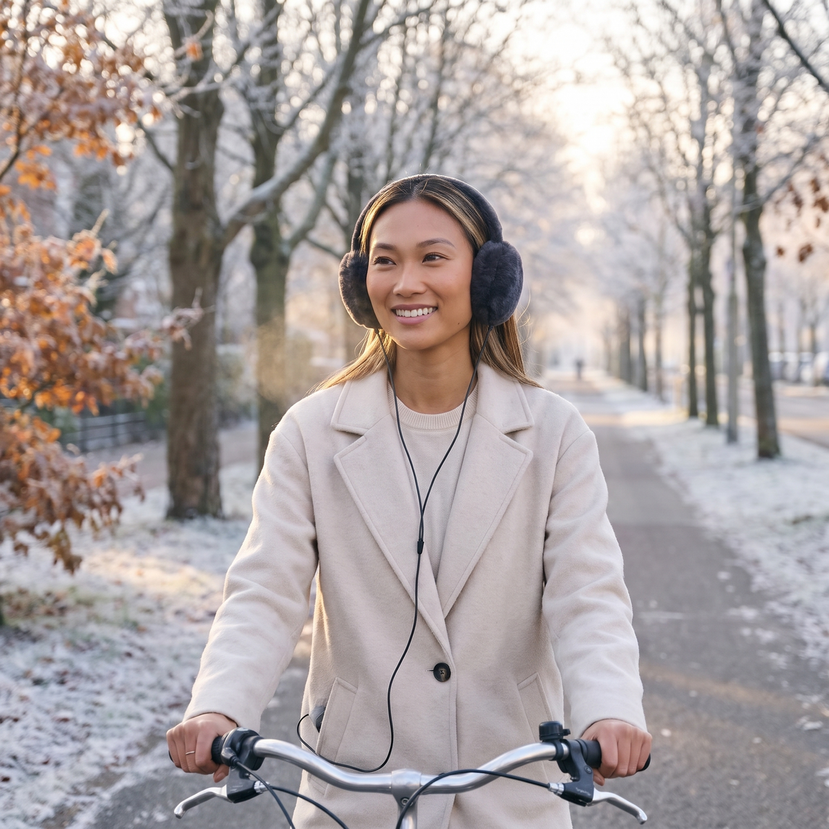Woman cycling in winter wearing gray plush heated earmuffs