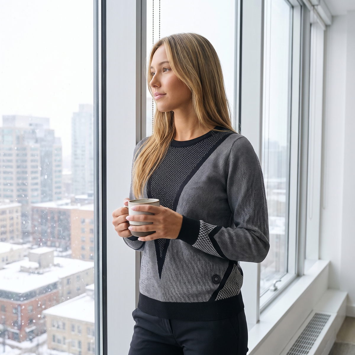 Woman in a winter office wearing a heated knit sweater