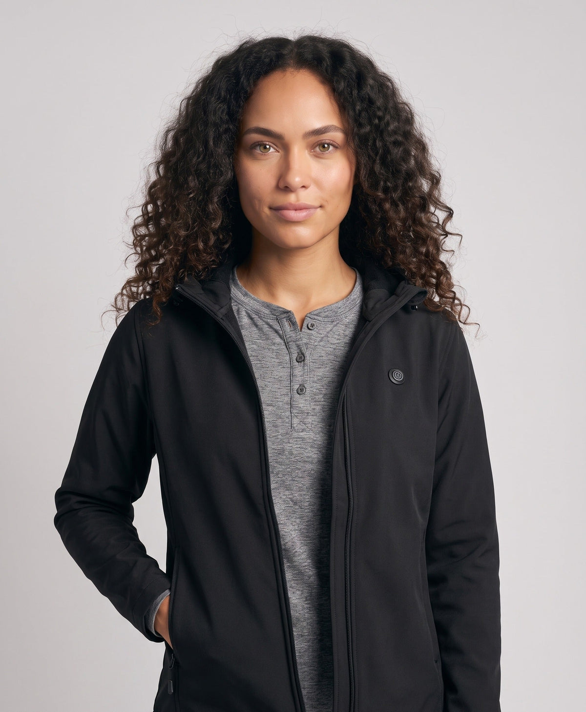 Women's Heated Jacket, USB Powered, 7 Heating Zones, Hooded Fleece-Lined Softshell, for Hiking, Skiing & Commuting, Black