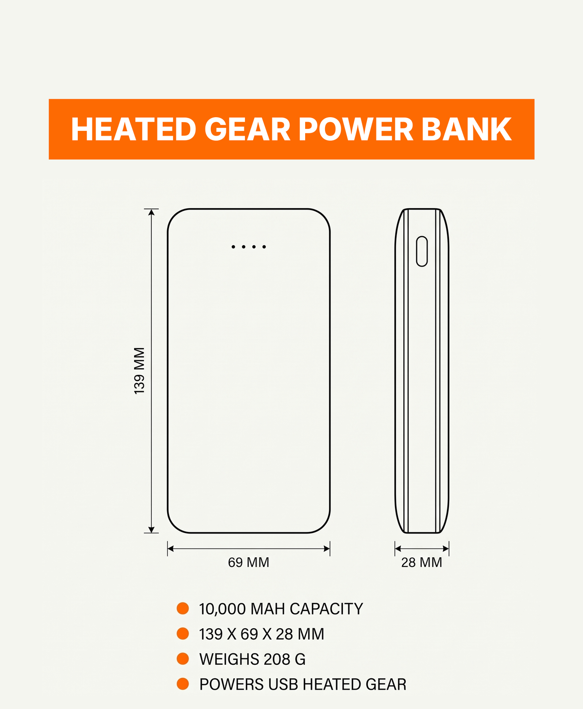 10000mAh Power Bank for Heated Gear, Slim USB Battery Pack for Heated Jackets, Vests, Scarves & Gloves, Phone Charger, Black