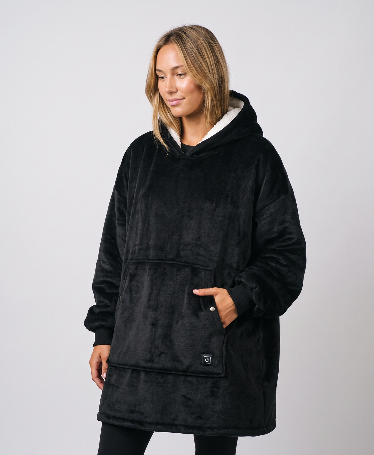 Women's Heated Wearable Blanket Hoodie, USB Powered, 3 Heat Levels, Oversized Sherpa Flannel, for Home & Lounging, Black