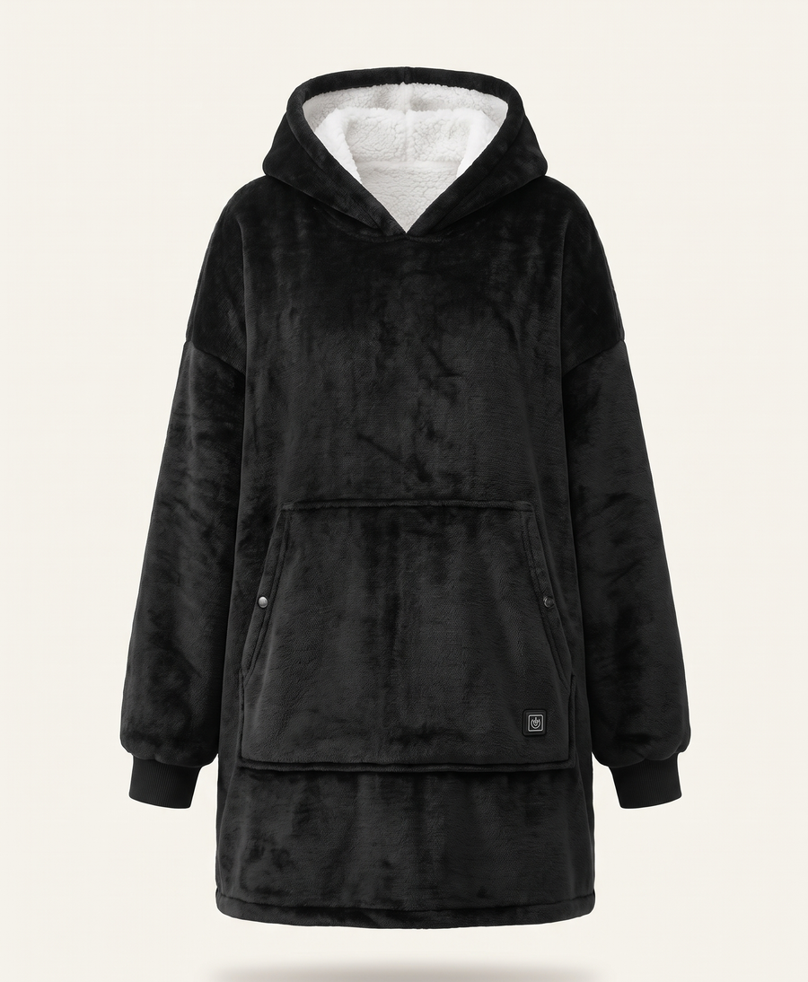 Women's Heated Wearable Blanket Hoodie, USB Powered, 3 Heat Levels, Oversized Sherpa Flannel, for Home & Lounging, Black
