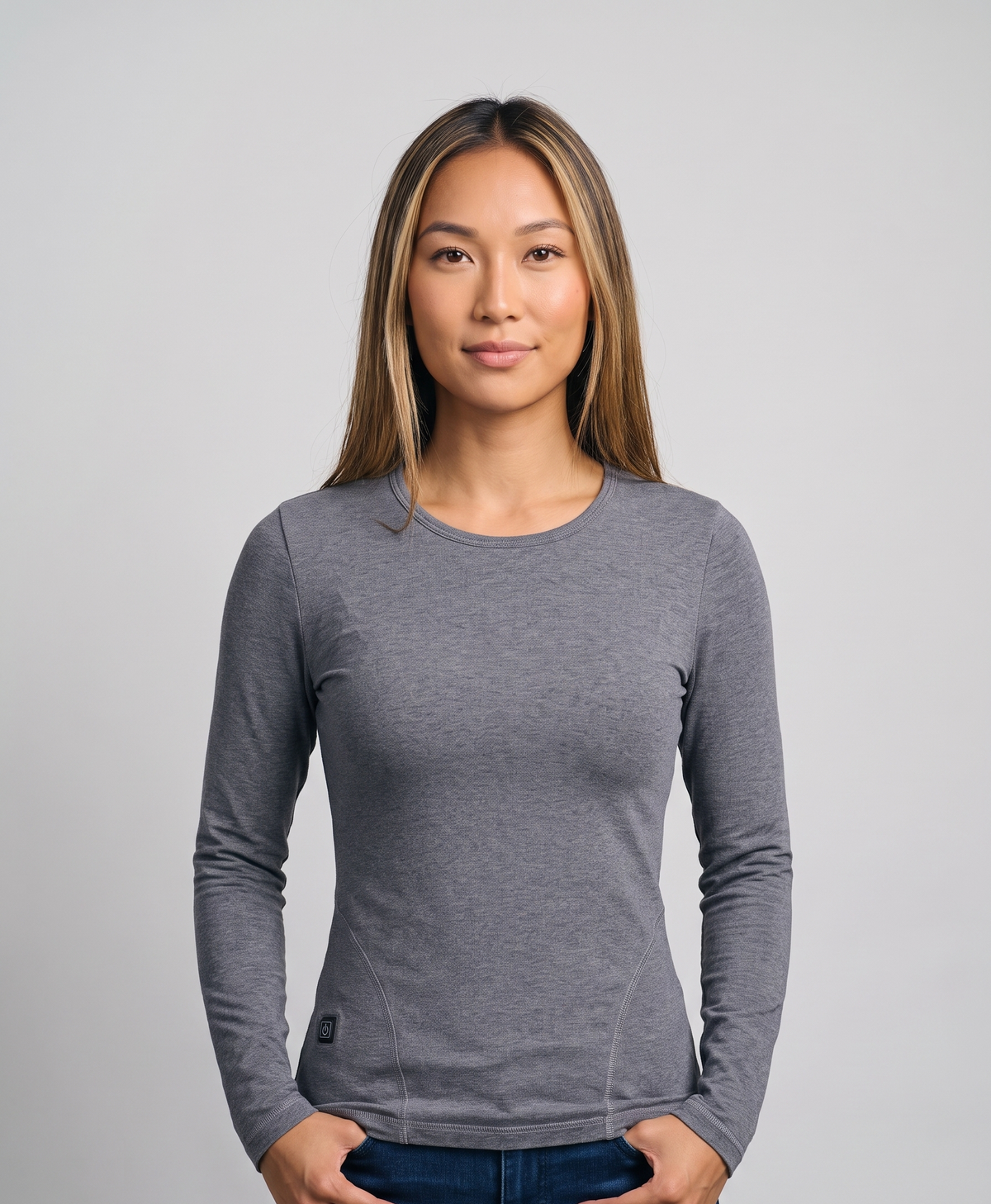 Women's Heated Thermal Top, Double-Layer Plush Cotton Base Layer, Crew Neck, Long Sleeve, for Winter Layering, Gray