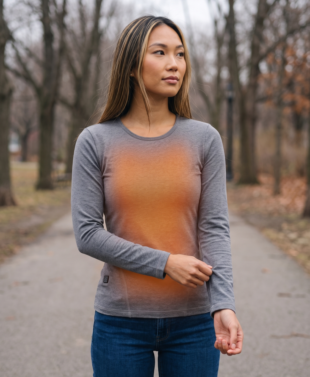 Women's Heated Thermal Top, Double-Layer Plush Cotton Base Layer, Crew Neck, Long Sleeve, for Winter Layering, Gray