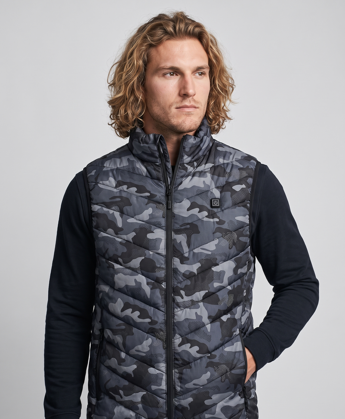 Men's Heated Vest, USB Powered, Camo, Collar, Front & Back Heating, Quilted Stand Collar, for Hunting, Hiking & Outdoor Work