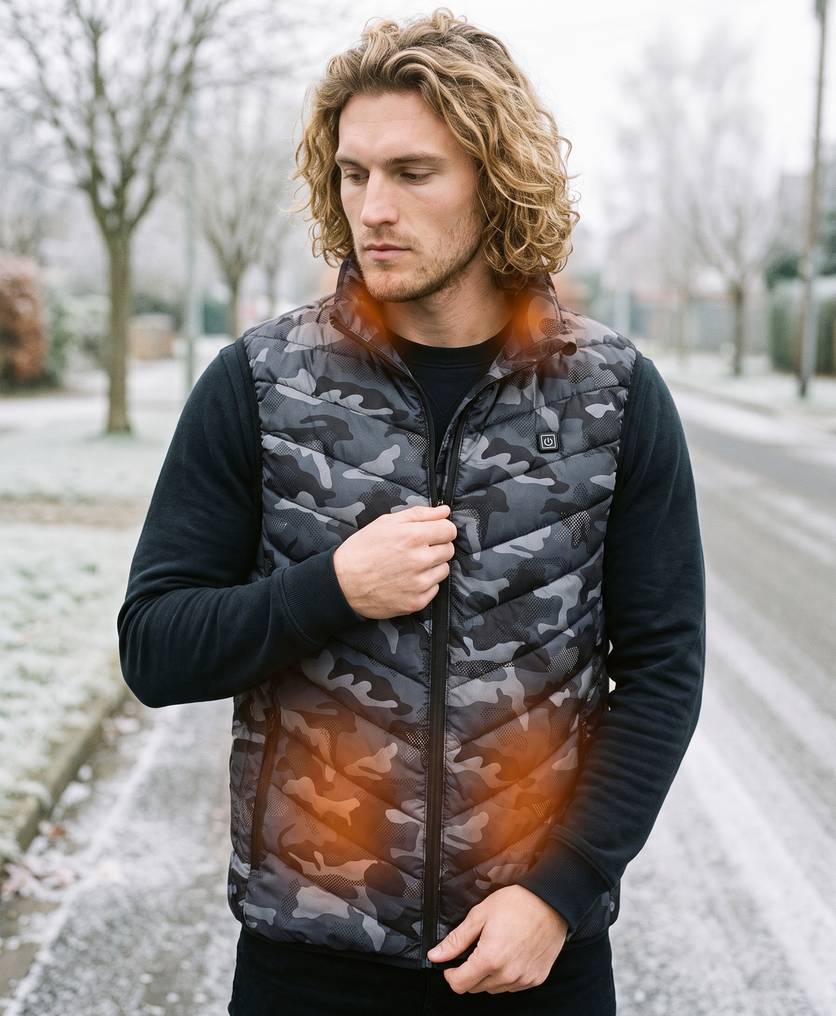 Men's Heated Vest, USB Powered, Camo, Collar, Front & Back Heating, Quilted Stand Collar, for Hunting, Hiking & Outdoor Work