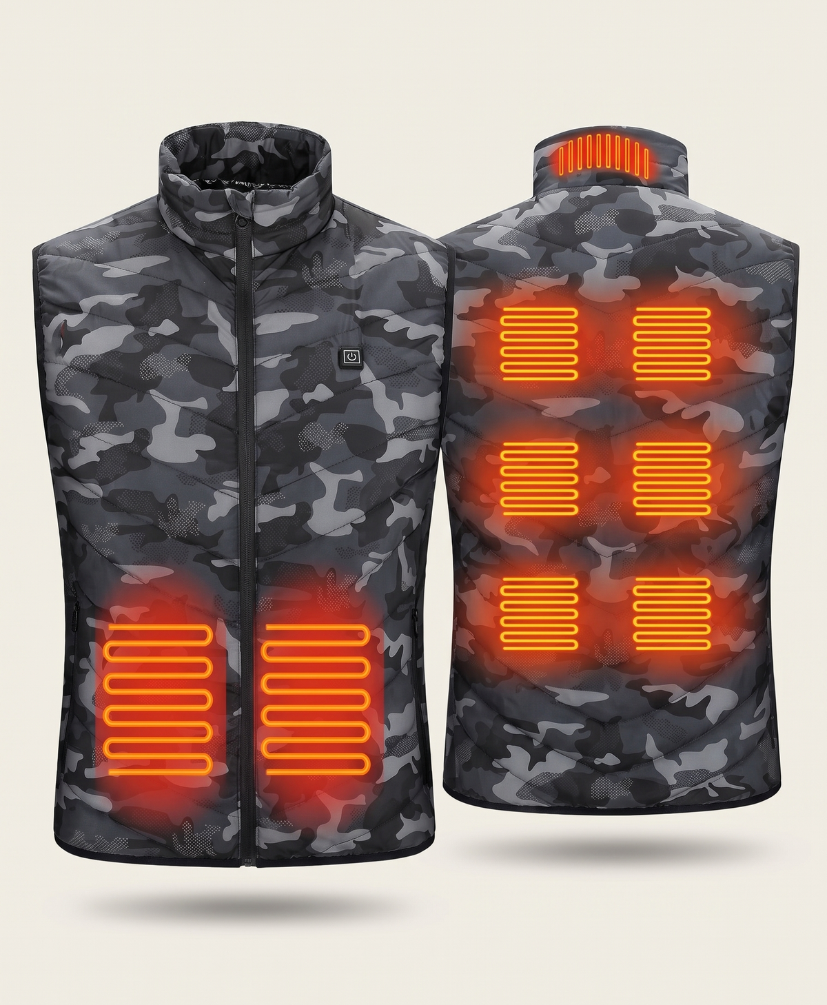 Men's Heated Vest, USB Powered, Camo, Collar, Front & Back Heating, Quilted Stand Collar, for Hunting, Hiking & Outdoor Work