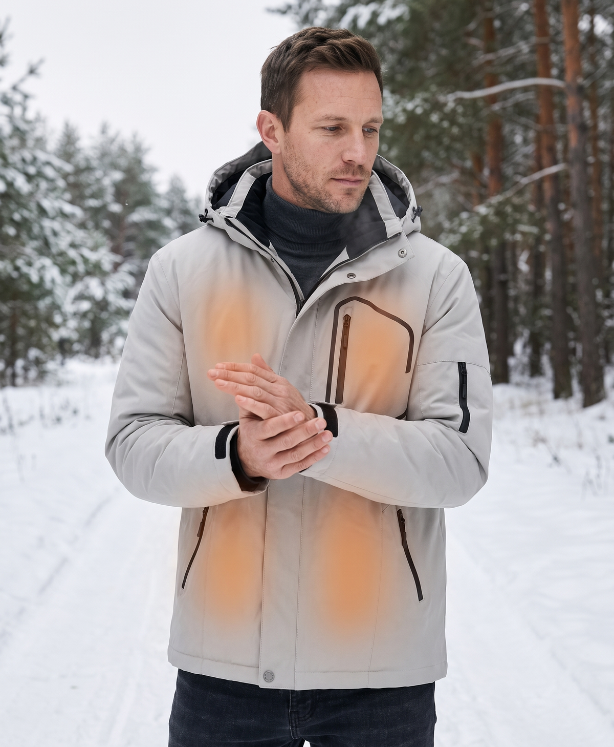 Men's Heated Ski Jacket, USB Powered, Waterproof, Windproof, Hooded, Lined, for Skiing, Hiking & Outdoor Work, Khaki
