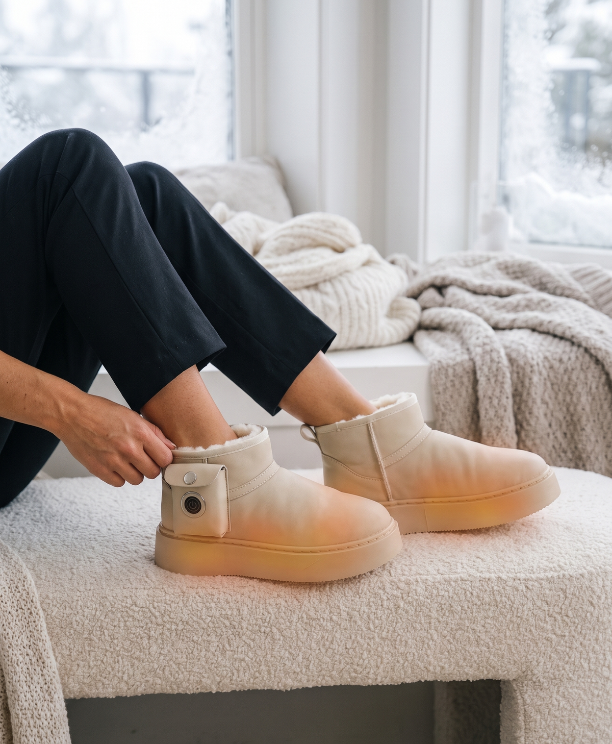 Women's Heated Snow Boots, USB Powered, 3 Heat Levels, Thick Fleece-Lined, Power Bank Pocket, for Winter Walks, Beige