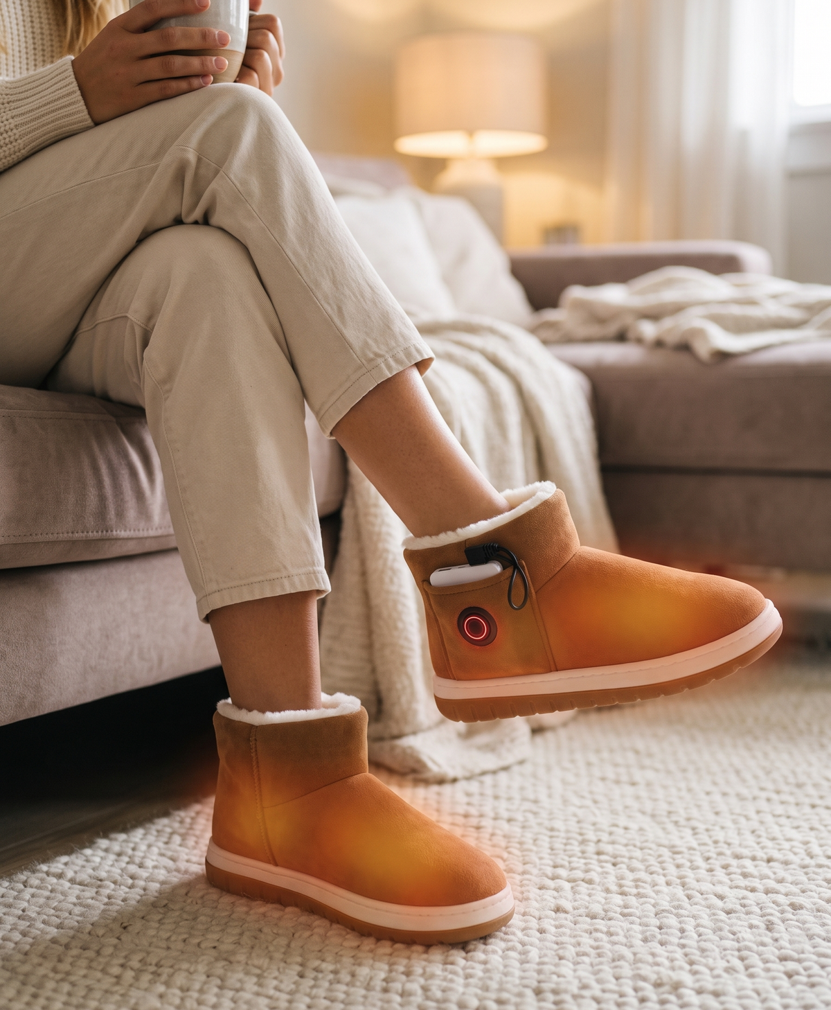 Women's Heated Booties, Rechargeable, Power Bank Included, Plush-Lined Pull-On House Boots for Home & Winter, Brown