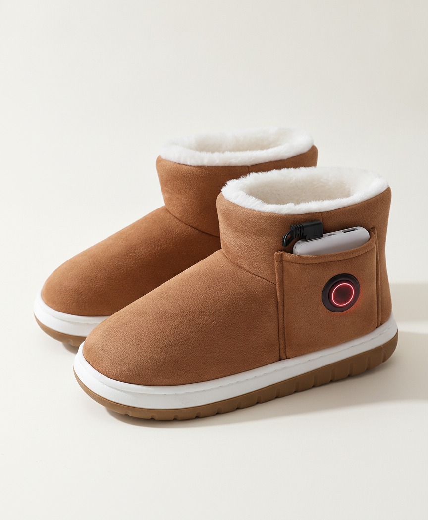 Women's Heated Booties, Rechargeable, Power Bank Included, Plush-Lined Pull-On House Boots for Home & Winter, Brown