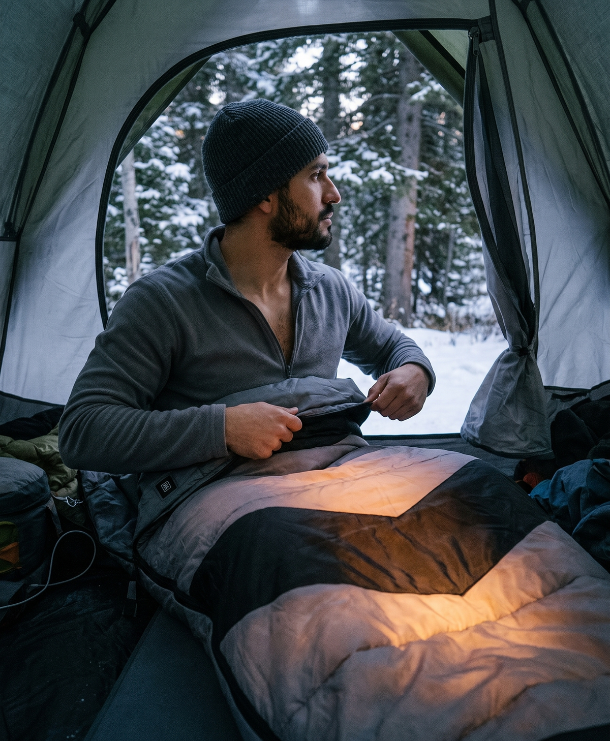 Men's Heated Sleeping Bag, USB Heating Pads, Waterproof, Lightweight Envelope with Hood, for Backpacking & Camping, Gray
