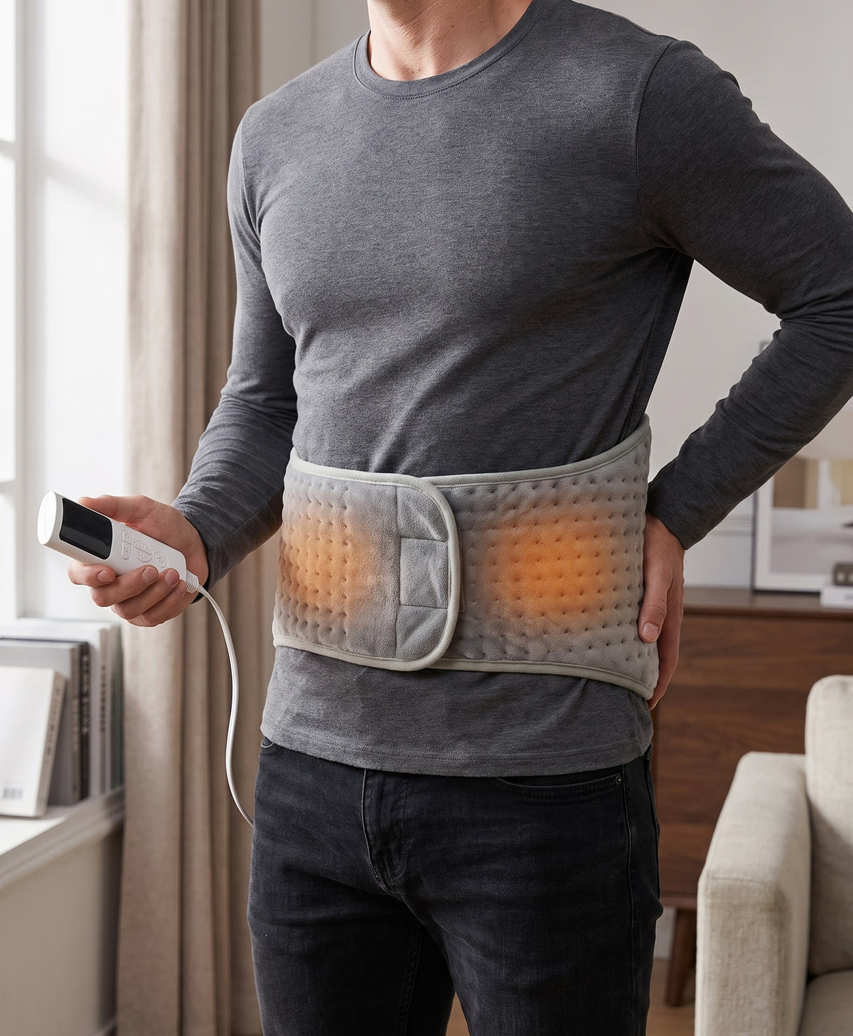 Men's Heated Waist Belt, Plug-In Electric Back Heating Pad, 9 Heat Levels, 4 Timers, Auto Shut-Off, for Home & Office, Gray
