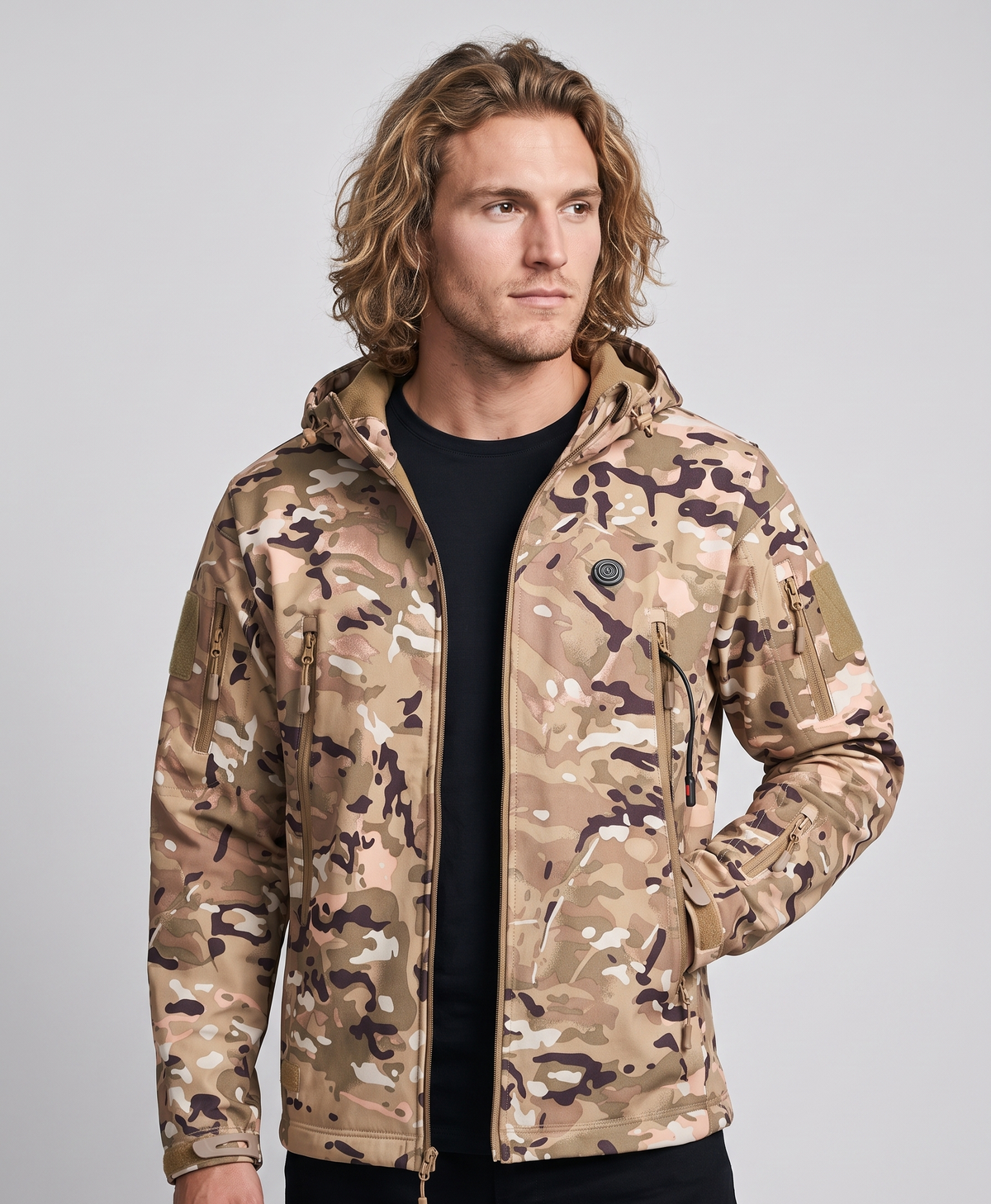Men's Heated Hunting Jacket, Desert Camo, 7 Heating Zones, Fleece-Lined Hooded Softshell, USB Powered, for Hunting & Hiking