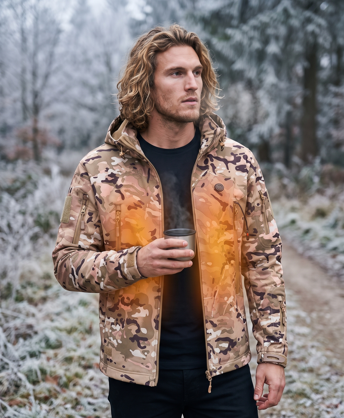Men's Heated Hunting Jacket, Desert Camo, 7 Heating Zones, Fleece-Lined Hooded Softshell, USB Powered, for Hunting & Hiking