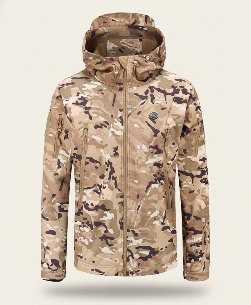 Men's Heated Hunting Jacket, Desert Camo, 7 Heating Zones, Fleece-Lined Hooded Softshell, USB Powered, for Hunting & Hiking