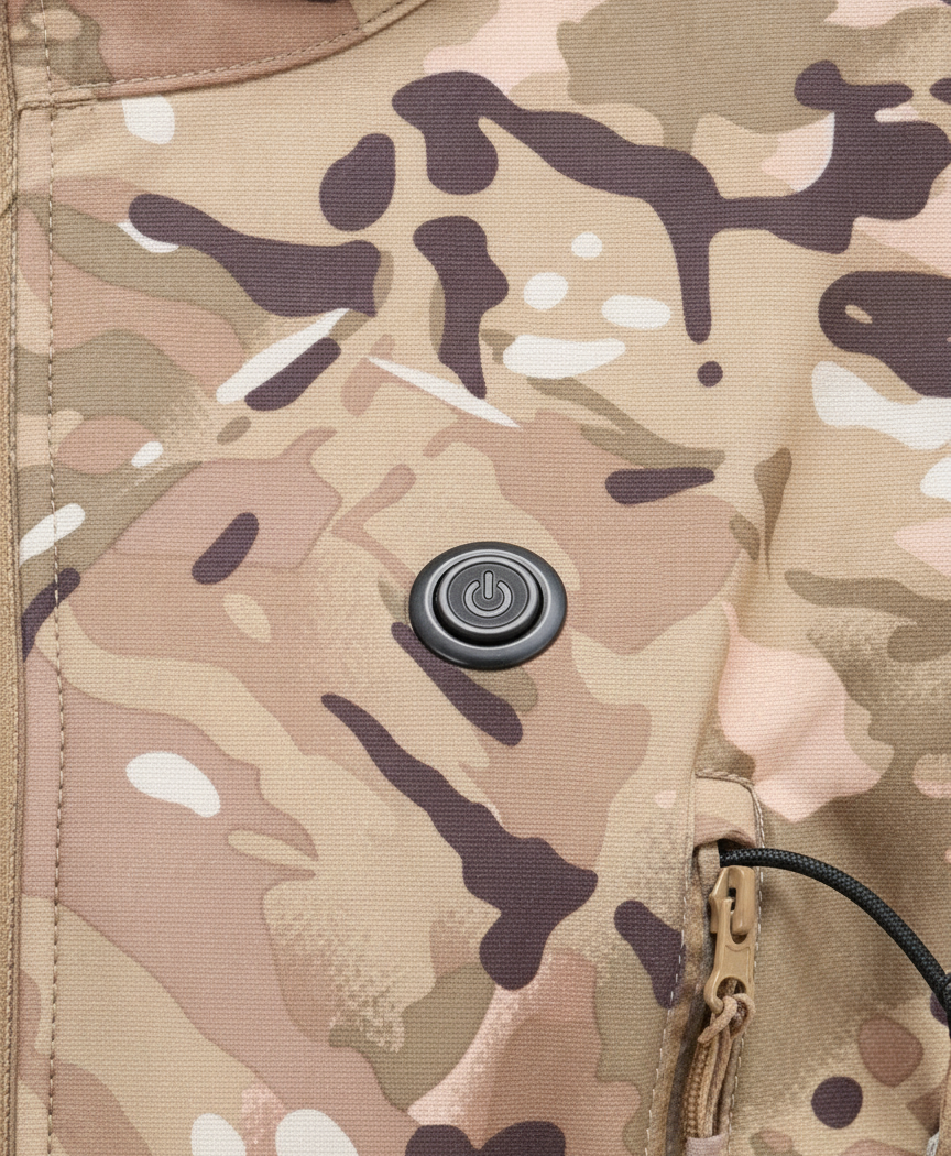 Men's Heated Hunting Jacket, Desert Camo, 7 Heating Zones, Fleece-Lined Hooded Softshell, USB Powered, for Hunting & Hiking
