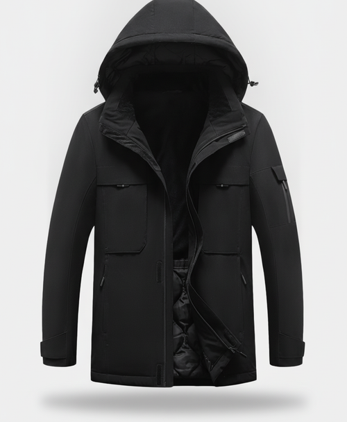 Men's Heated Jacket, Waterproof, 9 Heating Zones, Detachable Hood, 3 Heat Settings, for Hiking, Skiing & Hunting, Black