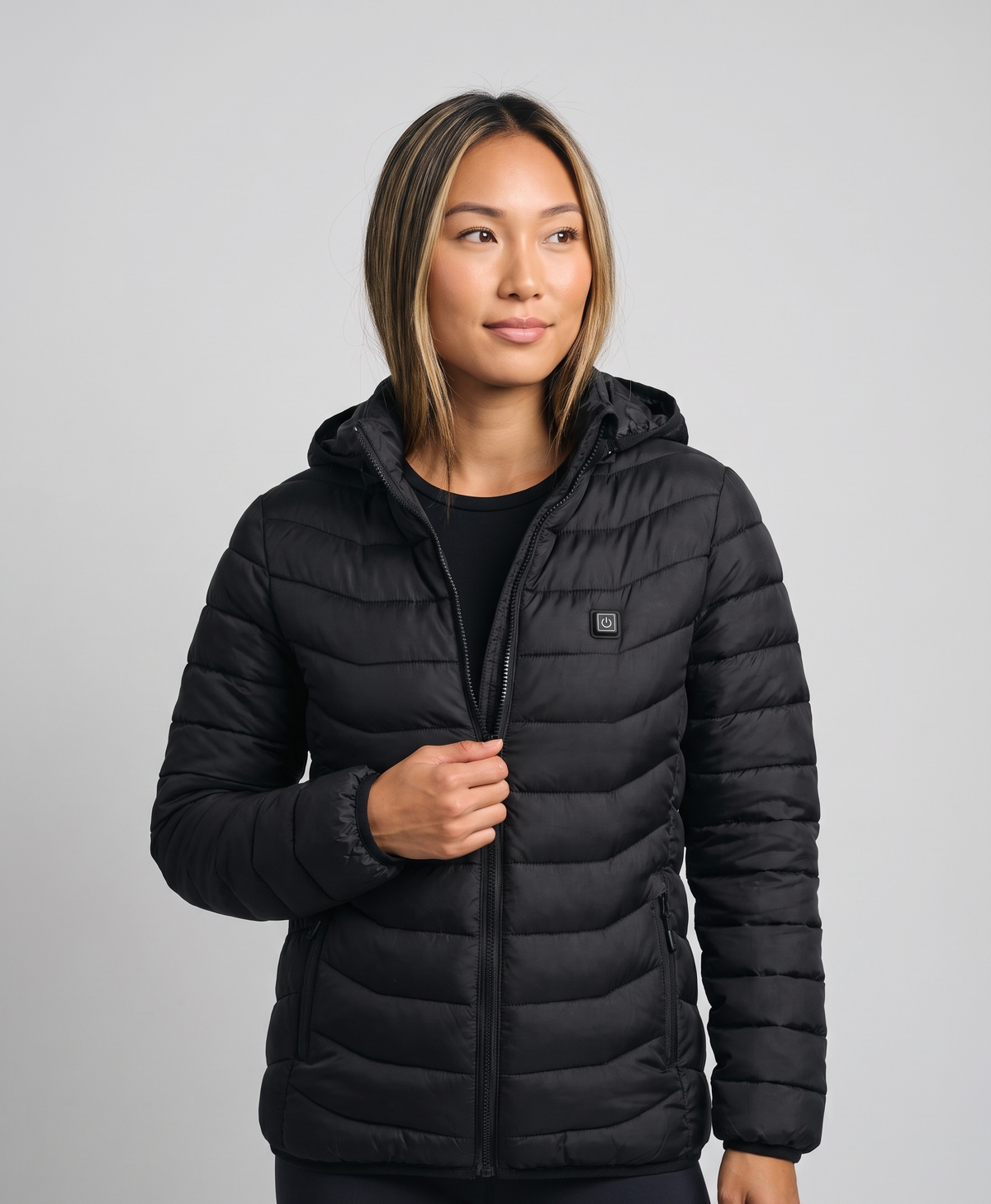 Women's Heated Puffer Jacket, 9 Heating Zones, Hooded, USB Powered, Lightweight Windproof, for Skiing & Winter Walks, Black
