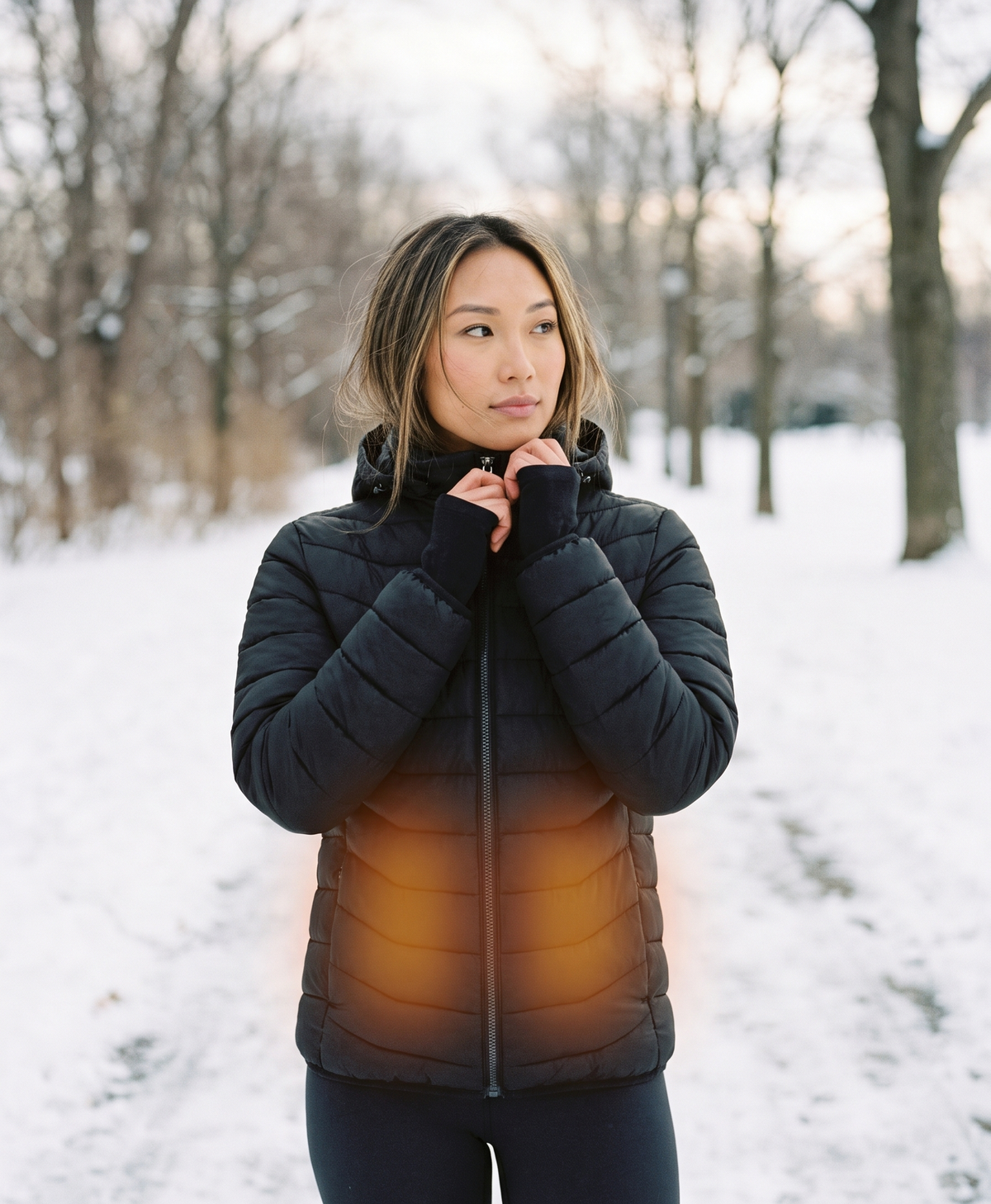 Women's Heated Puffer Jacket, 9 Heating Zones, Hooded, USB Powered, Lightweight Windproof, for Skiing & Winter Walks, Black