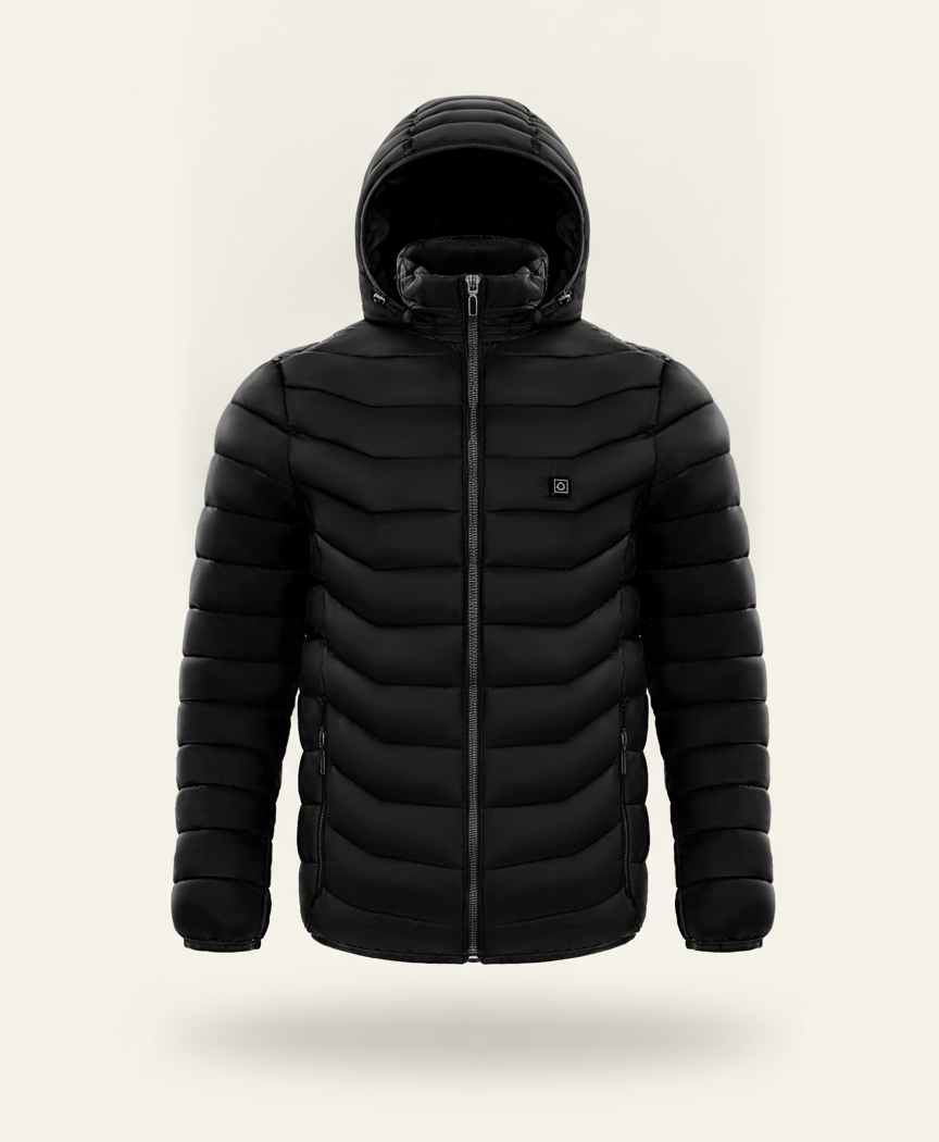 Women's Heated Puffer Jacket, 9 Heating Zones, Hooded, USB Powered, Lightweight Windproof, for Skiing & Winter Walks, Black