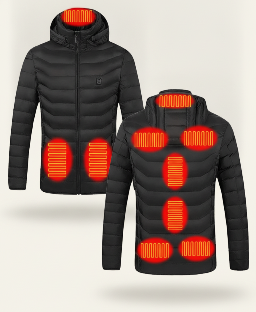 Women's Heated Puffer Jacket, 9 Heating Zones, Hooded, USB Powered, Lightweight Windproof, for Skiing & Winter Walks, Black