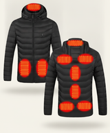 Women's Heated Puffer Jacket, 9 Heating Zones, Hooded, USB Powered, Lightweight Windproof, for Skiing & Winter Walks, Black