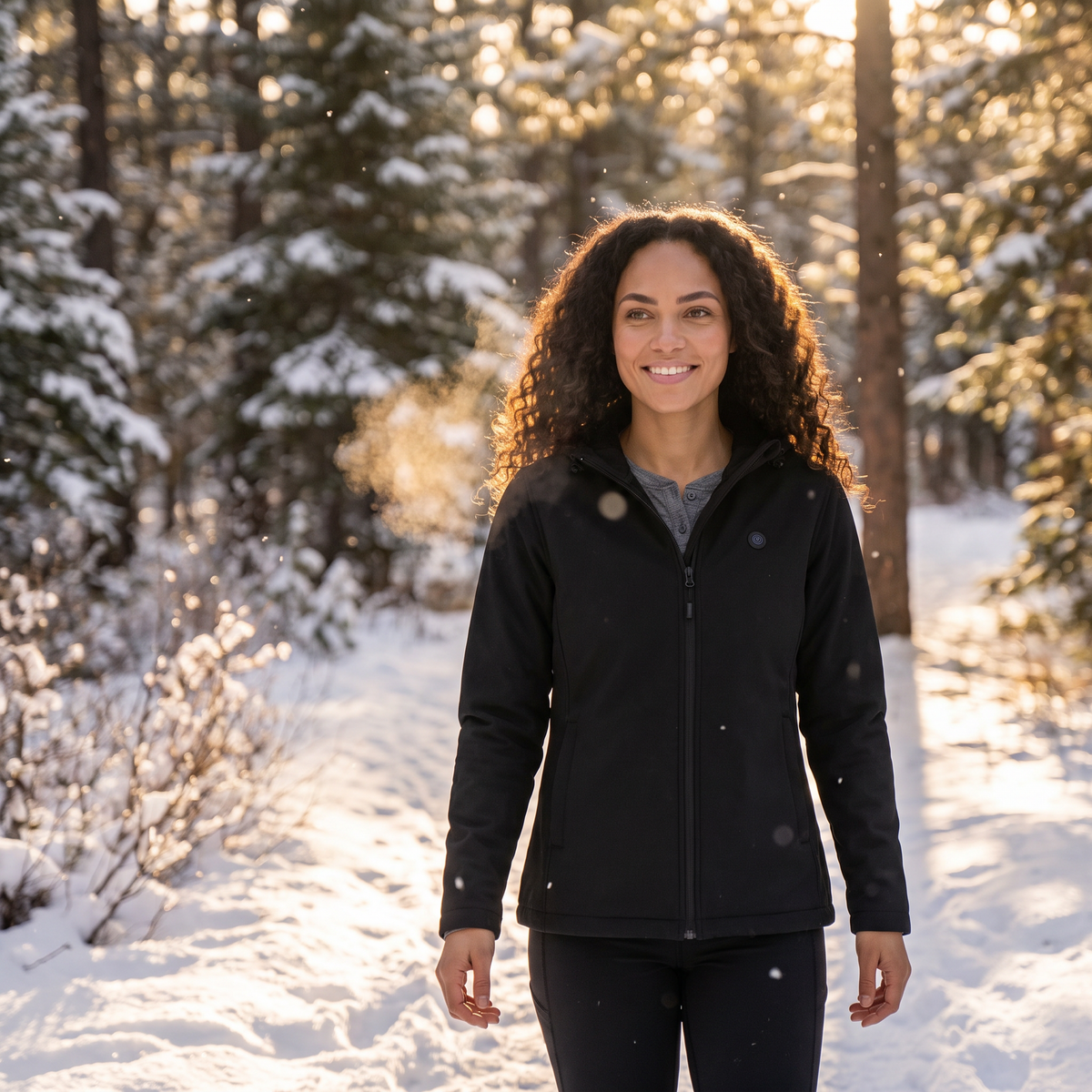 Woman wearing the black hooded heated jacket on a snowy forest trail