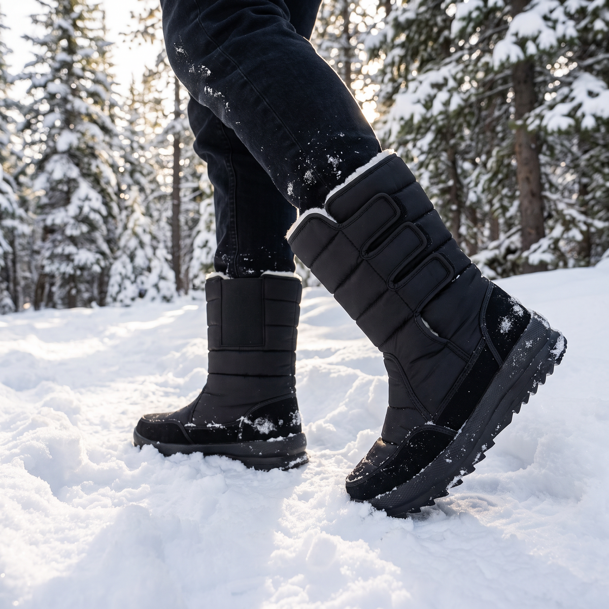 Man walking a snowy trail in black quilted heated snow boots