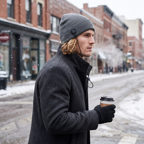 Man commuting on a snowy street wearing a gray heated knit beanie