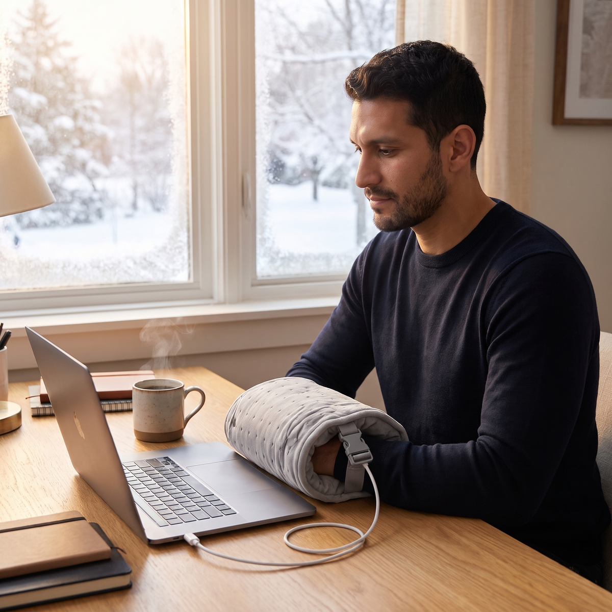 Man at a home office desk with hands in a gray USB heated hand warmer muff
