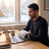 Man at a home office desk with hands in a gray USB heated hand warmer muff
