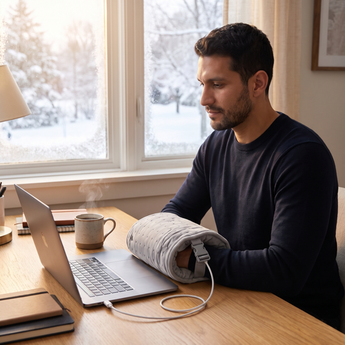 Man at a home office desk with hands in a gray USB heated hand warmer muff