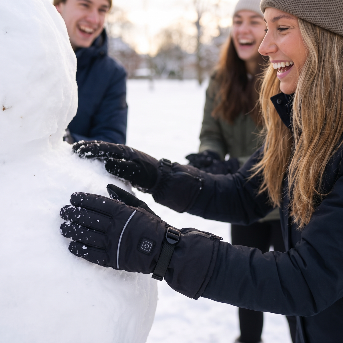 Woman building a snowman wearing black heated gloves