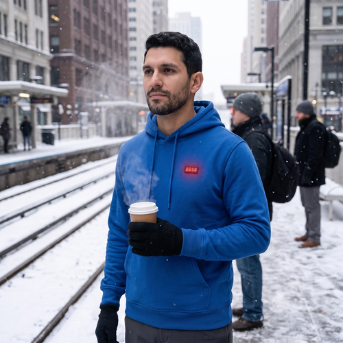 Man on a snowy train platform wearing a sapphire blue 31-zone heated hoodie