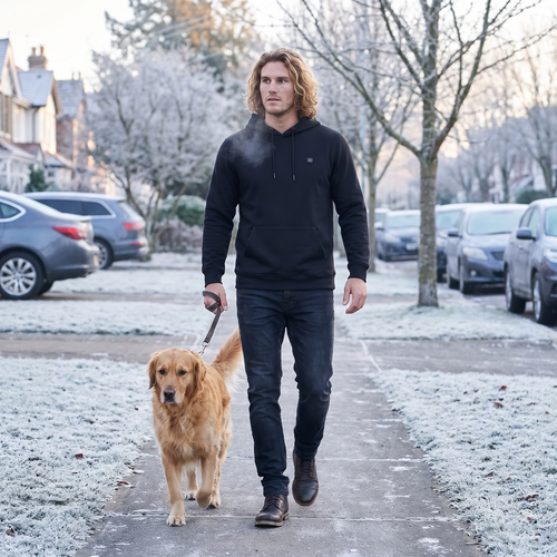 Man walking his dog on a frosty street in a black 9-zone heated hoodie