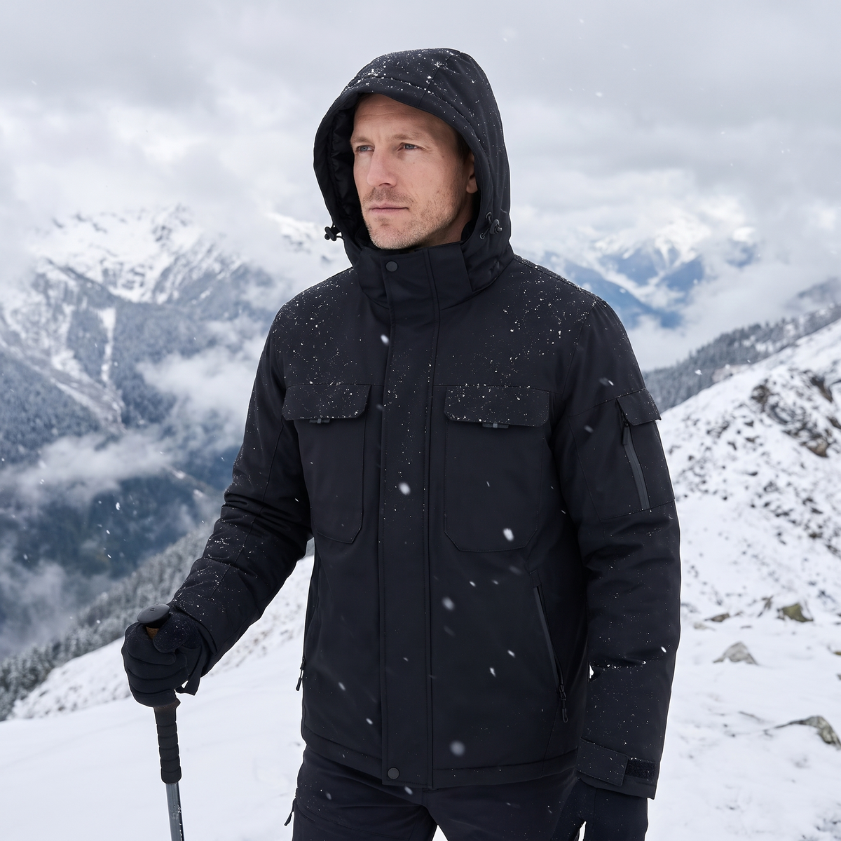 Man hiking a snowy mountain ridge in a black waterproof heated jacket
