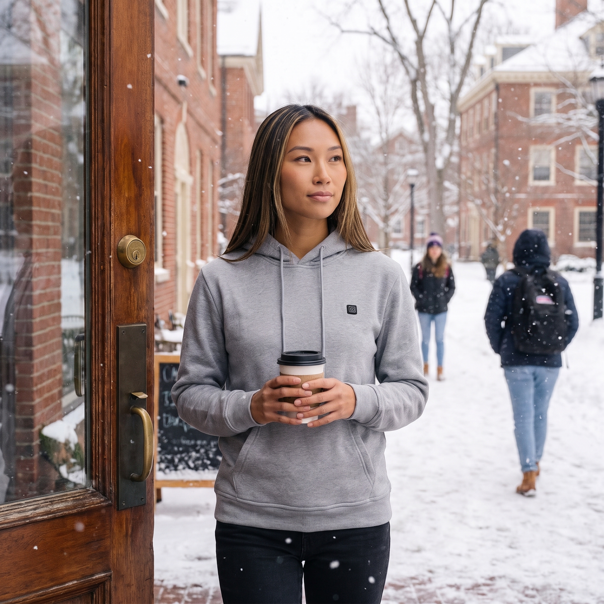 Woman with coffee on a snowy campus wearing a gray heated hoodie