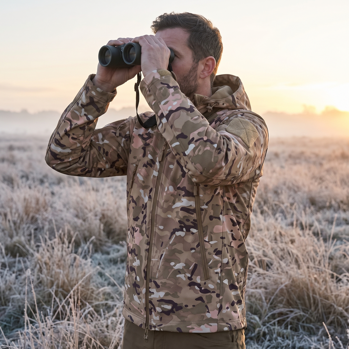 Hunter at dawn in a frosty field wearing a desert camo heated jacket