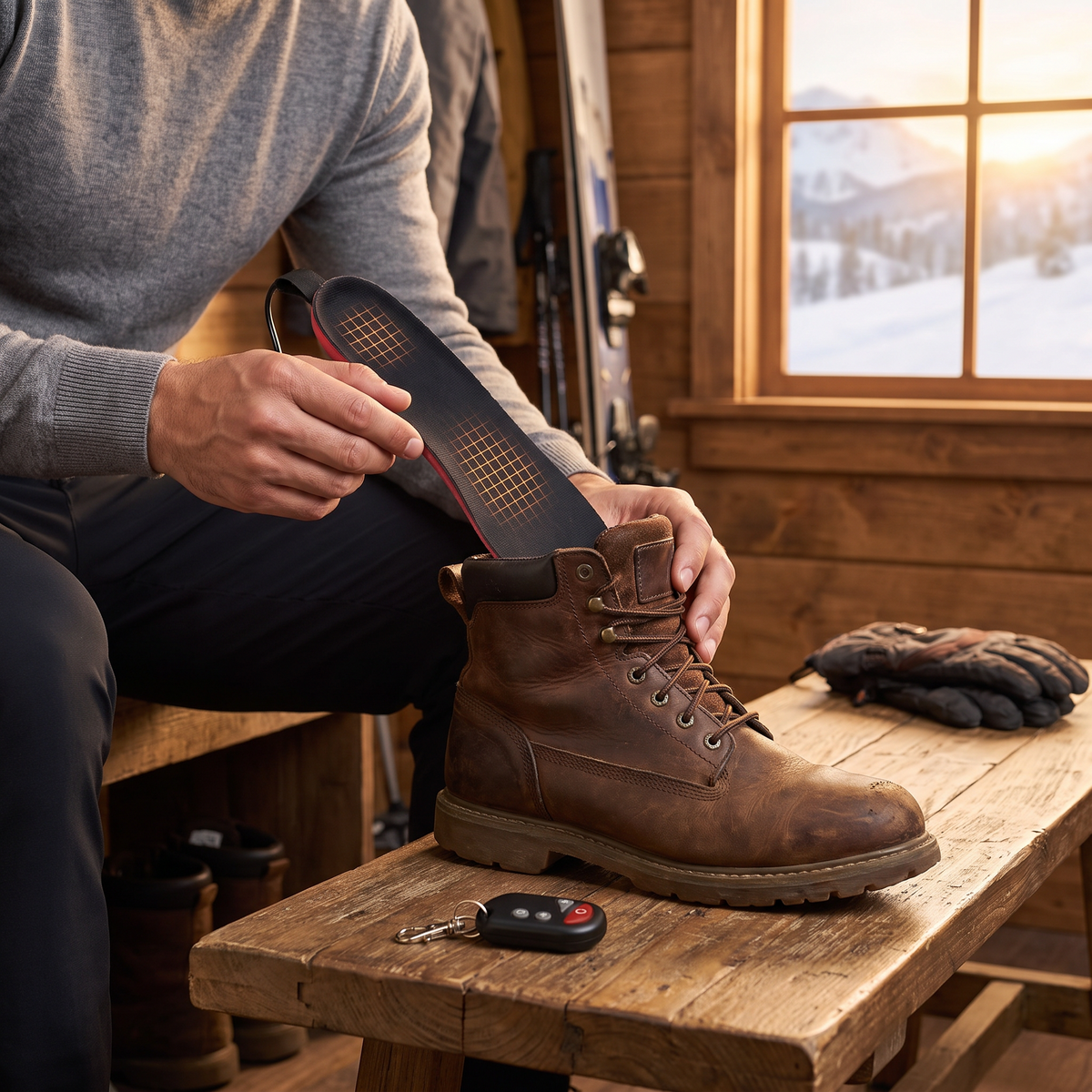 Man placing a black heated insole into a winter boot with remote control nearby