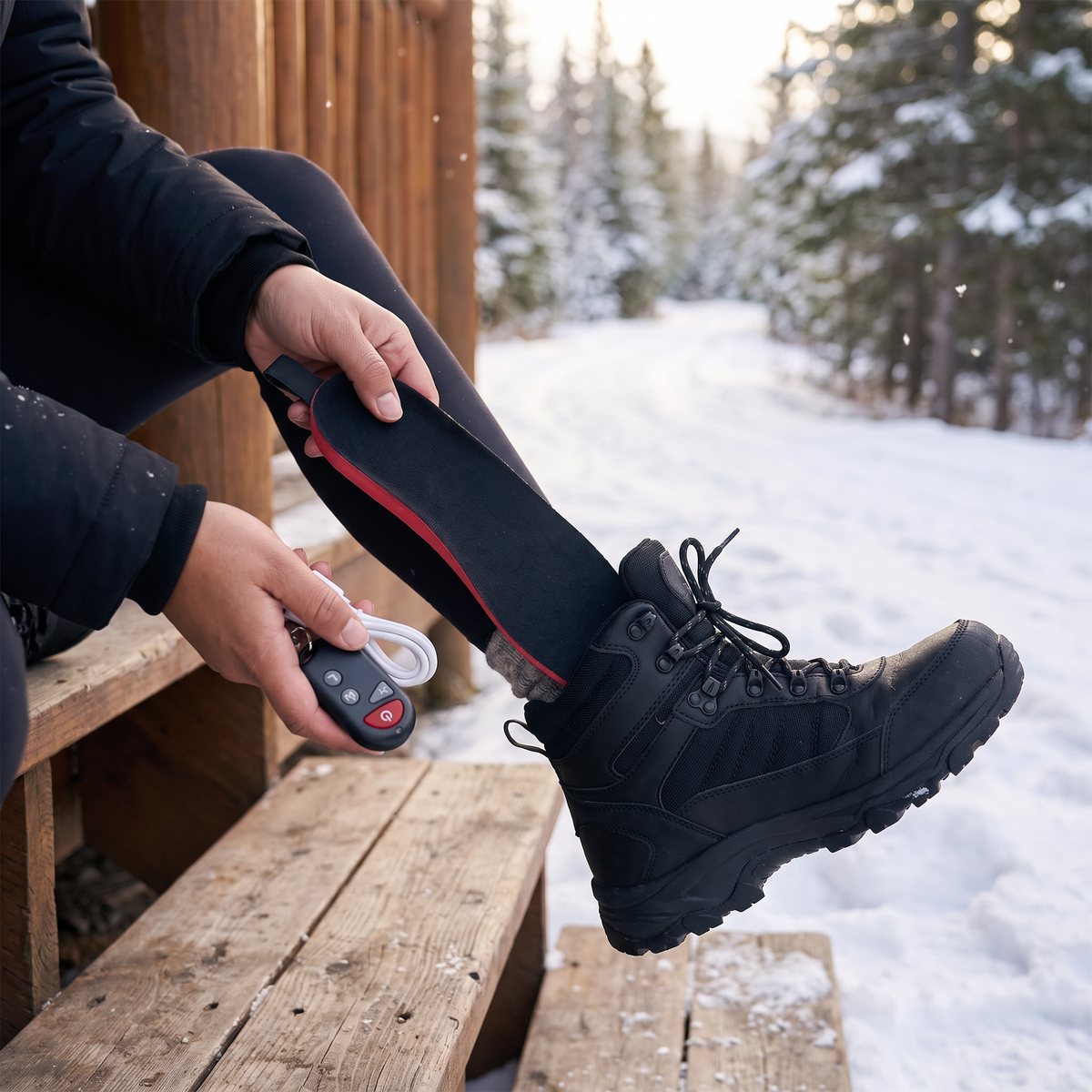Woman placing a heated insole into a hiking boot holding the remote control