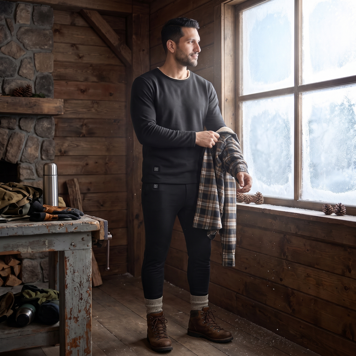 Man in a cabin wearing a black heated long johns base layer set